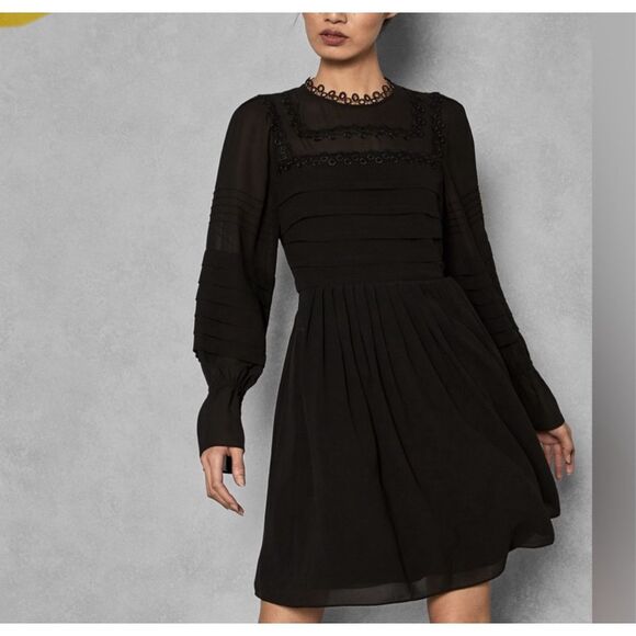 Ted Baker Womens Black Appliqué Lace Arrebel Embroidered Chiffon Dress Size 2 - Picture 1 of 12